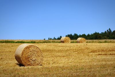 Hay bales on landscape against clear blue sky