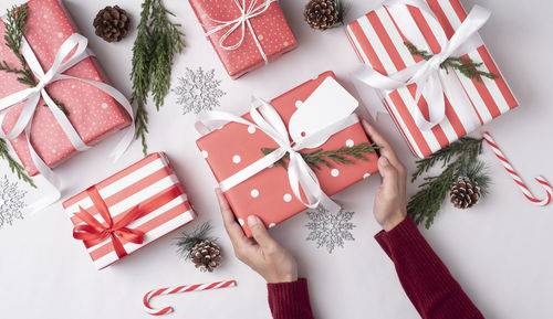 High angle view of christmas decoration in box