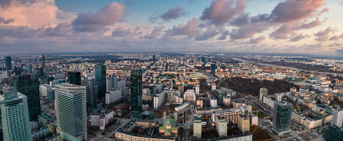 Aerial view of palace of culture and science and downtown business skyscrapers in warsaw