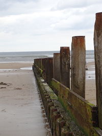 Wooden posts on beach against sky