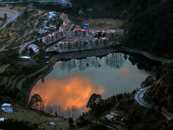 High angle view of bridge over trees and mountains