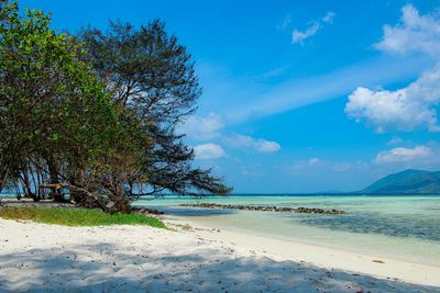 Scenic view of sea against blue sky