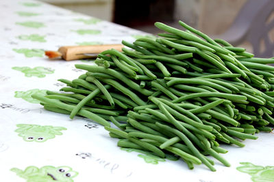 High angle view of green beans on table