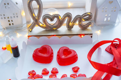 High angle view of christmas decorations on table