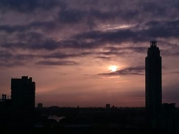 Silhouette of buildings against cloudy sky at sunset