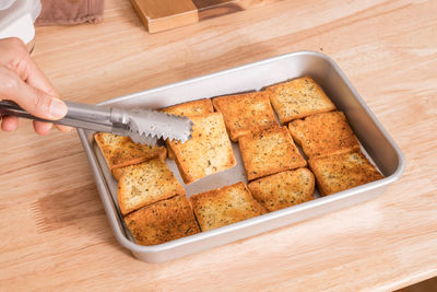 High angle view of person preparing food in kitchen