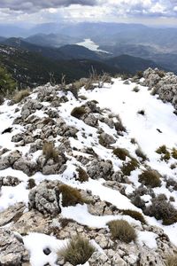 Scenic view of snow covered mountains