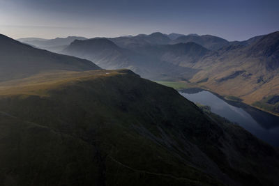 Drone view over high snockrigg fell of buttermere