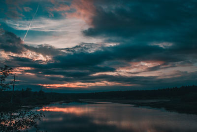 Scenic view of lake against dramatic sky