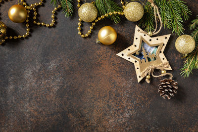 Directly above shot of christmas decorations on table