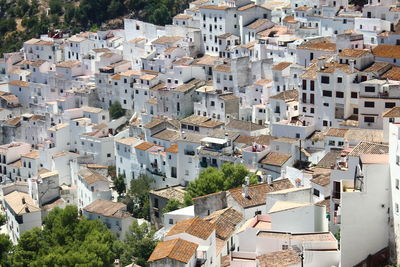 High angle view of buildings in town