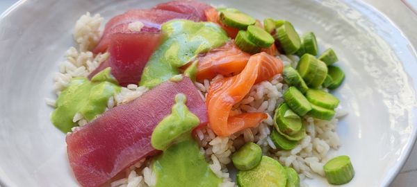 High angle view of meal served in bowl