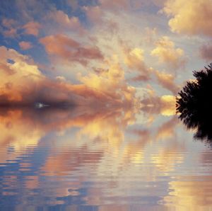 Scenic view of lake against sky at sunset