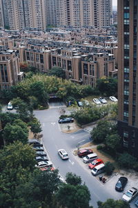 High angle view of cars on road in city