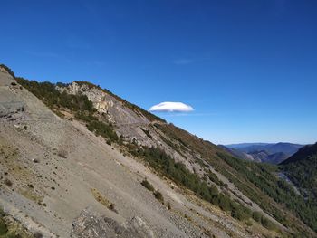 Scenic view of mountains against blue sky