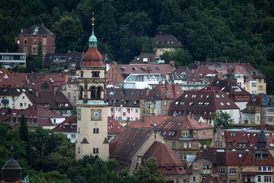 High angle view of town against sky