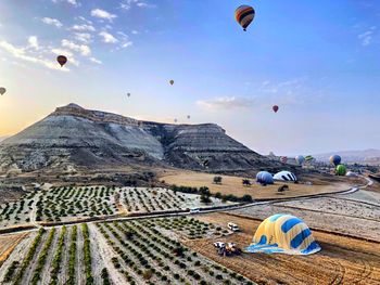 Hot air balloons flying over landscape against sky