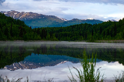 Scenic view of lake and mountains against sky