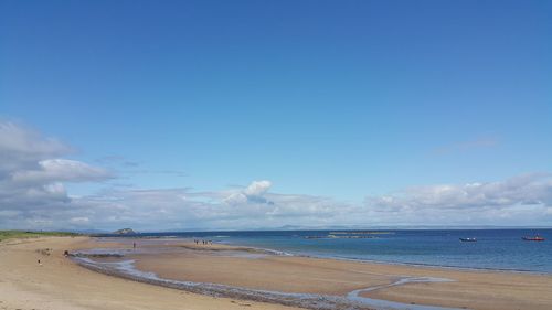 Scenic view of beach against blue sky