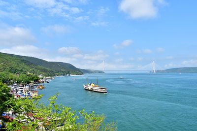 Wide angle shot of the ferry sailing on the bosphorus