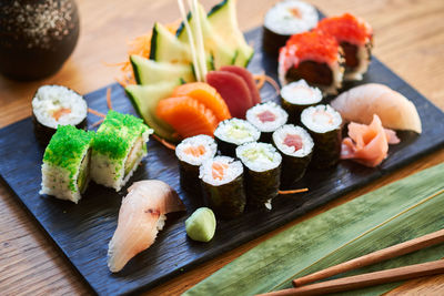 High angle view of sushi on table
