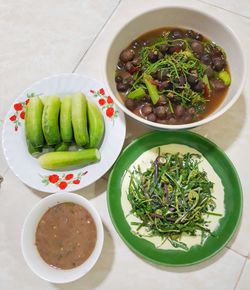 High angle view of meal served on table