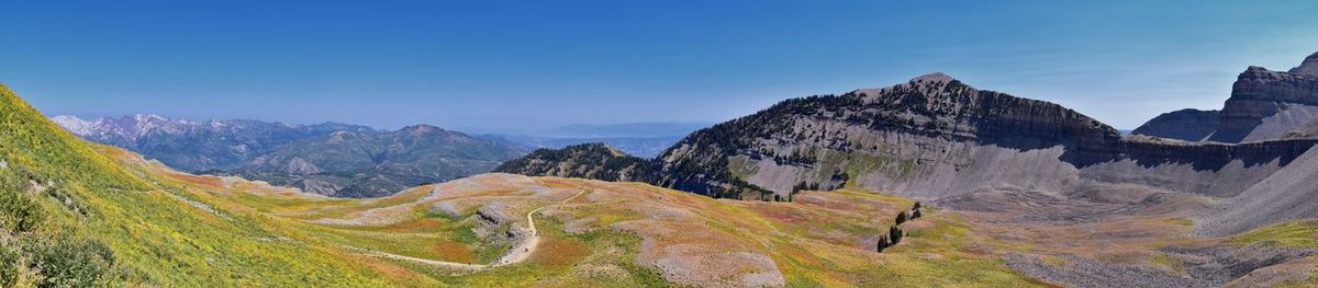 Panoramic view of mountain range against blue sky