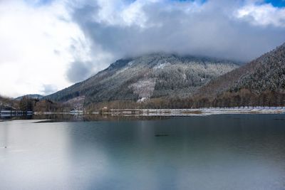 Scenic view of lake and mountains against sky