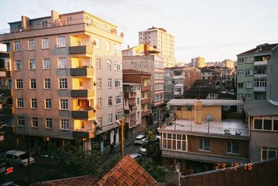High angle view of residential buildings against sky