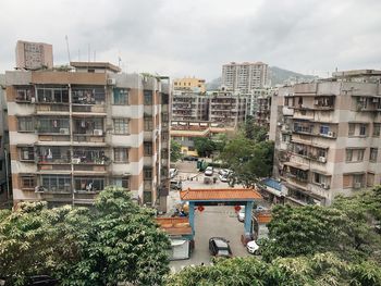 High angle view of buildings against sky