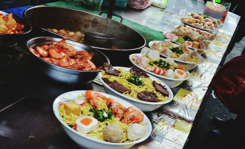 High angle view of food served on table