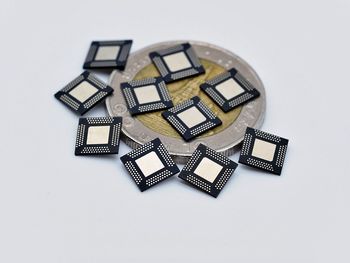 High angle view of glass container against white background