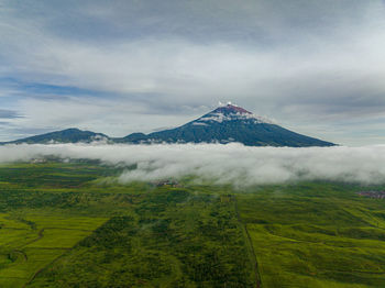 Tea plantations on hillsides and mount kerinci. tea estate landscape. kayu aro, sumatra, indonesia.