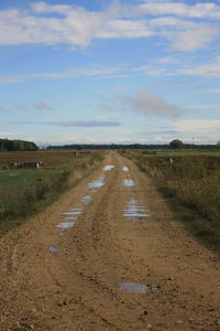 Dirt road amidst field against sky