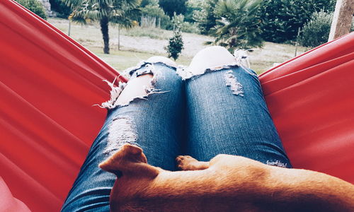 Low section of man lying on red shoes