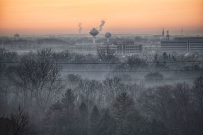 Bare trees in field against sky during sunset