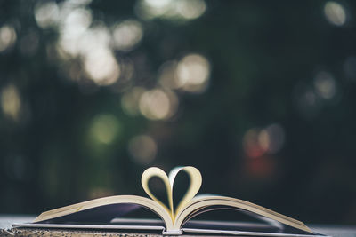 Close-up of heart shape on book