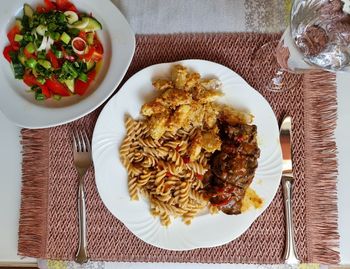 High angle view of food in plate on table