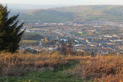 Aerial view of landscape and buildings