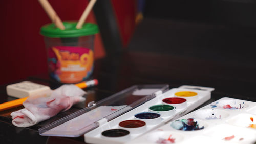 High angle view of toys on table