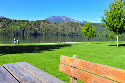 Scenic view of lake by trees against sky