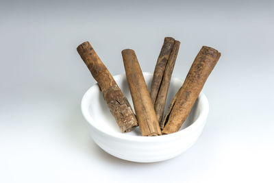 High angle view of bread in bowl on table