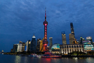 Illuminated buildings in city