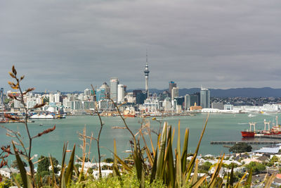 Sea by cityscape against sky