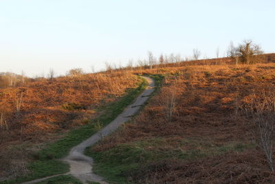 Road passing through field against clear sky