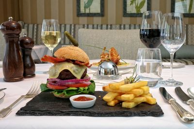 Close-up of food served on table