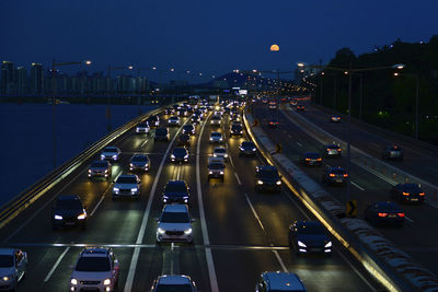 High angle view of traffic on highway at night