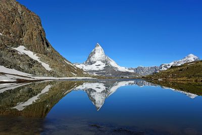 Scenic view of snowcapped mountains against clear blue sky