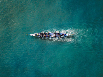 High angle view of boat sailing on sea