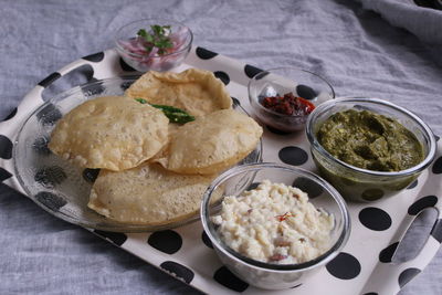 High angle view of breakfast served on table